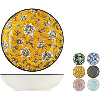 H&H Colourful Set 6 runde Teller aus Porzellan, 14 x 3,5 cm, verschiedene Dekorationen und Farben, modern und elegant, 7839914