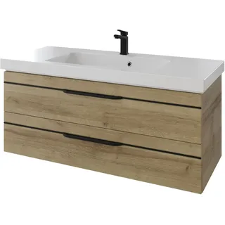 Pelipal Balto Komplett-Set Waschtischunterschrank Mineralmarmorwaschtisch 1230 x 508 mm - Riviera Eiche quer Nachbildung mit schwarzer Einlage - SET-098-062