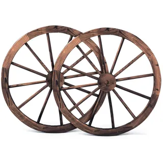 GYMAX Ø 76 cm Holzrad, 2er Set Dekorad Gartendeko aus Holz & Eisenblech, Wagenrad zur Dekoration, Antik & Vintage, für Wohnzimmer, Garten, Restrauants, Bar, Braun