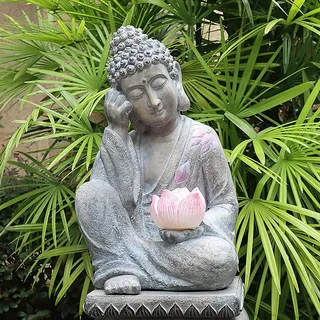 Pevfeciy Buddha Figuren Groß Mit Lotus Zen Buddha Statue Dekoration,H-50 cm/5.24 kg,Gartendeko Skulptur für Draußen,Massive Feng Shui Figur aus Steinguss Frostfest,Robust,A
