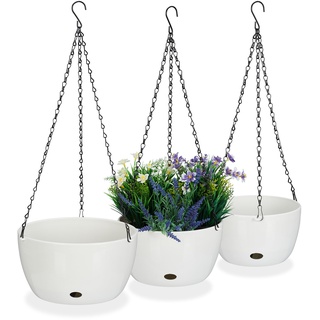 Relaxdays Blumenampel mit Wasserspeicher, Set, 3 Größen, Selbstbewässerung, außen & innen, hängender Blumentopf, weiß