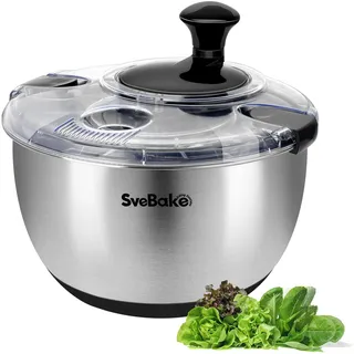 SveBake 4,5 L Salatschleuder Edelstahl, Kurbelantrieb, Sicherer Verschluss | Salad Spinner mit transparentem Deckel, Rutschfester Boden, Edelstahl 18/10, BPA-frei, Spülmaschinengeeignet