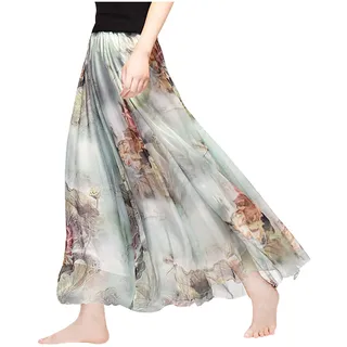 Camilife Damen-Strandrock aus Chiffon mit Blumenmuster, Maxirock, langer Rock, bedruckter Chiffonrock, weich, glatt, dünn, cool für den Sommer, Rocklänge 80 cm / 90 cm – Mehrfarbig – Medium - 34-40