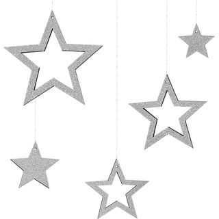 Oblique Unique® Holz Sterne 5er Set Silber Holzdeko Holzstern Glitzernd Dekosterne zum Aufhängen für Weihnachten Weihnachtsdeko aus Echtholz