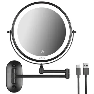 Goliving Make-up-Spiegel mit Beleuchtung - Ø25 cm - 10-fache Vergrößerung - Dimmbarer LED-Rasierspiegel - USB-C wiederaufladbar - Doppelseitig -... - Schwarz
