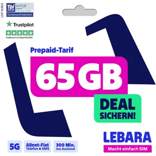 LEBARA Hello! 65 Prepaid SIM-Karte | Handy-Tarif ohne Vertrag | 65 GB inkl. 5G | Allnet Flat | 300 Minuten ins Ausland