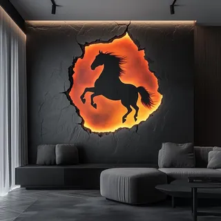 Decords Wandtattoo – aufbäumendes Pferd mit feurigem 3D-Mauerriss, 280 cm