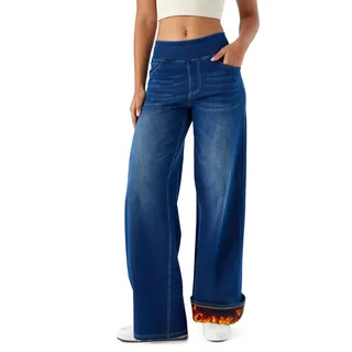 LaiEr Damen Jeans mit Breiter Beinpartie und Fleecegefüttert Hochtailliert,Wärmend,Dick,für Sport und Yoga,Gerade Geschnitten,Hochelastisch,Legerer Denim mit Taschen für den Winter - M