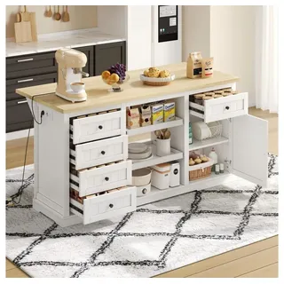 Sweiko Sideboard Kücheninsel, Bar-Schrank mit 5 Schubladen (2 Ausziehböden, klappbarer Erweiterungsplatte, integrierten Steckdosen), 150x65x75 cm, Weiß, für Küche, Esszimmer und Wohnzimmer weiß