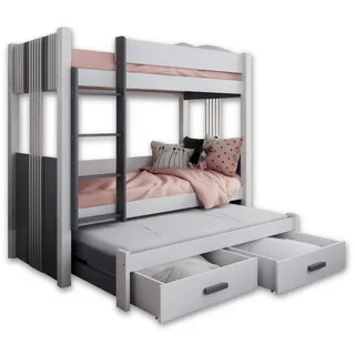Deine Möbel 24 Etagenbett ALEXANDRA III Hochbett Stockbett für 3 Kinder Ausziehbett (Matratzen optional, 4-St., aus Massivholz Kiefernholz MDF-Platte inkl. Lattenrost), Weiß Grün Sonoma Eiche Graphit 90x200 cm inkl. Leiter Schubladen