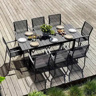 di volio Gartenmöbel MALETTO, Gartenmöbel-Set - Esstisch & 8 Stühle, aus Kunstholz und Aluminium, Esstisch mit ausziehbarer Tischplatte - Schwarz/Grau