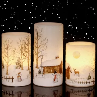 Weihnachtskerzen LED Schneemann-Motiv 3er Set mit Timerfunktion Deko Weihnachten
