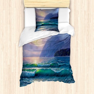 ABAKUHAUS Natur Bettbezug Set für Einzelbetten, Ozean Morgen Berg, Milbensicher Allergiker geeignet mit Kissenbezug, Lila Teal