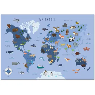 Kinderzimmer Weltkarte Poster mit mehr als 50 Tieren I Bunte Tierweltkarte Wanddeko für Jungen und Mädchen I Hochwertiger Druck (Blau, 100x70cm)