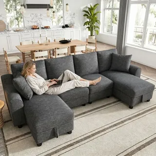 Merax U-Form 4-Sitzer Ecksofa, Sofa Mit 2 Bettkasten, Chenille Ecksofa Mit 2 Chaiselongues, Wohnlandschaft Mit Kissen, Modulares Soffa, Couch, Grau - Grau