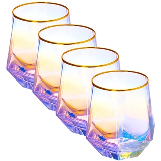 Weinglas ohne Stiel, Diamant-Regenbogen-Weinglas-Set mit 113,284 ml, schillerndes Glas, mit goldfarbenem Rand, ideal für Rotwein, Spirituosen, Cocktails, Bourbon oder Trinkgläser, als Geschenk