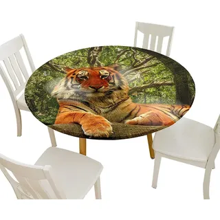 Morbuy Tischdecke Elastisch, 3D Tiger Drucken Rund Tischdecken Wasserdicht Lotuseffekt Abwaschbar Abwischbar Tischtuch für Dekoration Küchentisch Garten Outdoor (Durchmesser 120cm,Brauner Tiger)