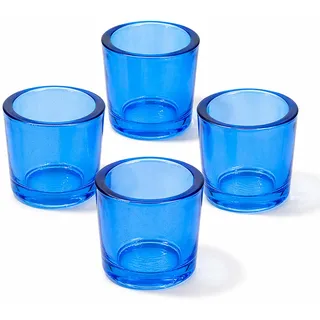 Teelichtgläser 6,5 x 6 cm aus dickwandigem Glas 4er Set - runde Teelichthalter für Teelichter bis 38 mm - Kerzengläser für kleine Kerzen & Votivkerzen bis Ø 4 cm - Windlichter Blau