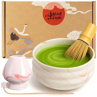 Goodwei Teeservice Matcha-Set "Pink Marmor" 120 mit Chasentate (4-tlg), 1 Personen, Keramik, handgearbeitet weiß