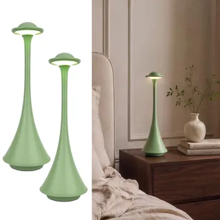 LuminexDesigns 2ER Kabellos LED Tischlampe Touch Dimmbar–Metall im Modern Minimal Design,Akku Tischlampe Tragbar Nachttischlampe für Abendessen,Café,Balkon & Terrasse Atmosphäre -Salbeigrün