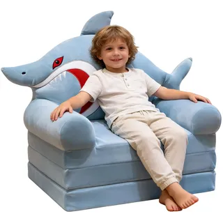 Xiyocadt Kindersessel Hai – Weiches Gepolstertes Kinder Sofa aus Schaumstoff, Niedlicher Kindersessel für Kinderzimmer, Lesen, Spielen & Entspannen (Hai)