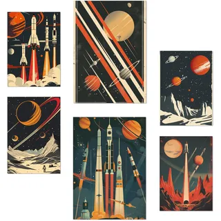 Nacnic-Set mit 6 Postern Raumschiff, Rakete, Planeten Vintage-Rot- und Blautöne Designillustrationen zur Dekoration der Wände Ihres Zuhauses. Räume A3 & A4 Rahmenlos