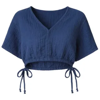 WENOR Crop-Top Musselin Bluse Cropped-Oberteil mit Tunnelzug und V-Ausschnitt Elastischer Bund mit Kordelzug, Überschnittene Schultern blau