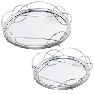 Set mit 2 runden Tabletts aus Metall in Silber und Spiegel, 46 x 8 cm und 38 x 9 cm
