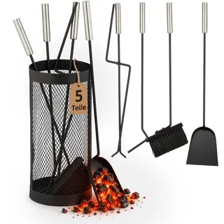 Relaxdays Kaminbesteck 5-tlg. Set im Eimer Edelstahl 0,30 m Schwarz