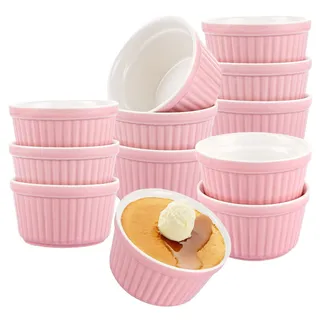 SHUESS 12er Creme Brulee Schälchen 200ml Rosa, Keramik Souffle Förmchen Backofenfest, Ofenfeste Förmchen für Dessert & Muffins, Ragout Fin Schalen, Creme Brulee Schalen, Souffleeförmchen Rund Ø 9 cm