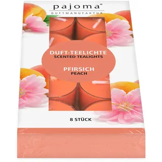 pajoma® Teelichte 8 Stück, Pfirsich | Duft-Teelichte in Polycarbonathülle, Brenndauer ca. 4 Stunden - Höhe 1,5 cm ø 3,5 cm | Premium Qualität | Deko, Gastronomie, Outdoor, Windgläser, Hochzeit