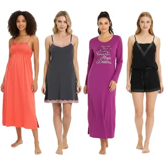 Gemütliches Damen Nacht-Kleid mit Smockdetails langes Nachthemd mit Schlitz 2-teiliger Pyjama oder kurzes Nachthemd mit Spitze Rot, Violett, Schwarz oder Grau/Rosa - 48/50