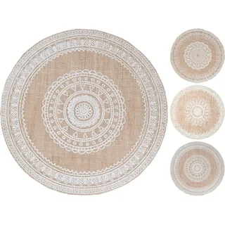 1 Tischset rund 38cm Jute Platzset mit besticktem Ornament Muster Platzdeckchen Tischuntersetzer Tellerunterlage Hochzeit Geburtstag Boho Beige Weiß