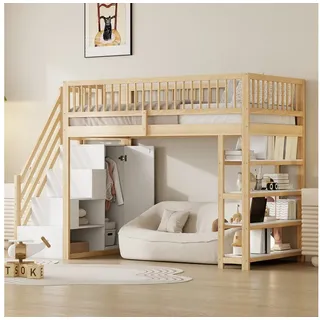 Flieks Hochbett Etagenbett Kinderbett Massivholz 90x200cm mit Kleiderschrank Regalen beige