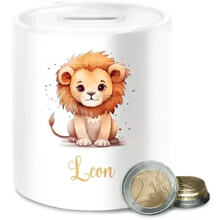 Spardose - Süßer Löwe mit Name personalisiert I Löwen Geschenk I Zootiere I König der Tiere I LEU - Unisize - Weiß - Junge babyspardosen zur Geburt löwenmotiv Leon sparbüchse personalisierte