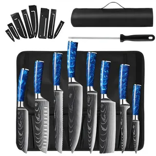 Chef Messer Sets mit Rolltasche, Damaskus Küchenmesser Set (Set, 9-tlg), Asiatisches Edelstahl Messerset