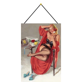 Schatzmix Pinup Girl mit Rosen Metallschild Wanddeko 20x30 cm mit Kordel Blechschild, Blech, Mehrfarbig