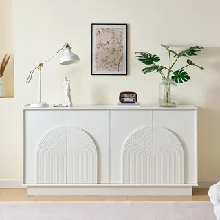 QQJIN Sideboard Wohnzimmer 160cm, Moderner Sideboard Weiss mit 4 Gewölbten Türen für Esszimmer, Flur – Hochwertiges MDF, B