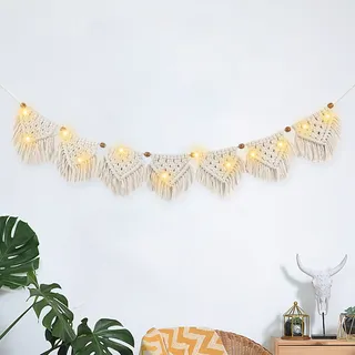 IHONYI Boho Deko - Makramee Wandbehang,Boho Lichterkette Tapisserie Fransengirlande Mit 3M LED Lichterkette,Handgewebt Girlande Boho Wanddeko Für Wohnzimmer/Schlafzimmer/Balkon/Wohnwagen deko