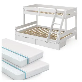 VitaliSpa Etagenbett Everest, Weiß 140x200 / 90x200 cm mit 2 Matratzen und 2 Schubkästen