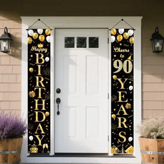 90 Geburtstag Deko Banner Schwarz Gold- 2 Stück 90 Jahr Geburtstagsdeko Happy Birthday Türbanner, Stoff Geburtstagsbanner für 90. Frau Männer Geburtstagsfeier Dekoration