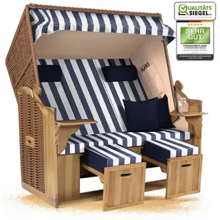 Strandkorb Hanse Strandkorb Strandkorb Ostsee XXL 2,5-Sitzer Volllieger Beige Blau, BxTxH: 150x80x160 cm, Ostsee XXL Volllieger, Ostsee 2,5-Sitzer Modell 2025, Stabiles Wacholder mit handgefertigtem Polyrattangeflecht blau