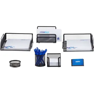 Relaxdays Schreibtisch Organizer Set, 7-teilig, Metall, Schreibtisch-Set, Briefablage, Zettelbox, Stifteköcher, schwarz,