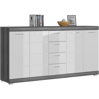 Newroom Kommode Weiß Hochglanz Rauchsilber Sideboard Modern Zeitlos - 165x85x37 cm (BxHxT) - Highboard Anrichte - [Hunter.Four] Wohnzimmer Schlafzimmer Büro Flur