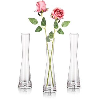 Hewory Blumenvase Modern 3er Glasvasen, 20cm Vase Schmal Vasen Glas Blumen Vase für Tischdeko, Glasvase Handmade Tulpenvase für Eine Rose für Hochzeitsdeko Tisch Deko Wohnzimmer Esstisch Startseite