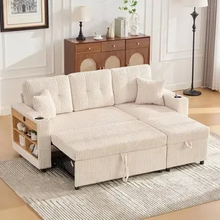 Cordo Schlafsofa mit Bettkasten, 3-Sitzer Schlafsessel mit Ausziehbett, Inkl. USB-C, LED-Beleuchtung, Getränkehaltern, Sofa für Gästezimmer & klein