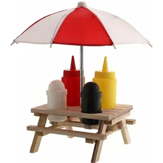 Holz Speisewürze Bench Picknick Tisch W/Salz Pfefferstreuer Sauce Flasche & Regenschirm, rot
