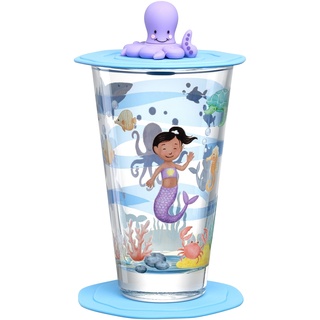 LEONARDO Bambini Avventura Kinderglas mit Deckel und Untersetzer - Trinkglas mit Motiv aus hochwertigem Glas - Größe L, Inhalt 300 ml - Spülmaschinengeeignet - 3-teiliges Set mit Motiv Meer, 023675