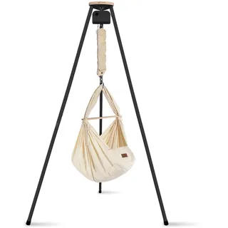 SCHMUSEWOLKE Federwiege Bio mit Tipi Anthrazit und Anthrazit Motor - für Babys ab Geburt bis 15 kg - Federwiegen-Set mit Gestell und Motor - mit Schafwollmatratze