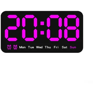 ZAMETTER Digitale Wanduhr, große LED-Digital-Wanduhr für Zuhause, Büro, Schlafzimmer, zeigt Uhrzeit, Datum, Wochentag, 3 einstellbare Helligkeitsstufen, 12/24-Stunden-Format, eingebauter Alarm (lila)